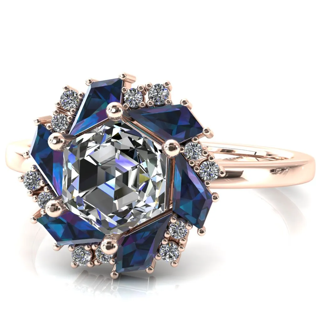 7.0mm Hexagon Center Kite Cut Alexandrite Cluster Halo Ring