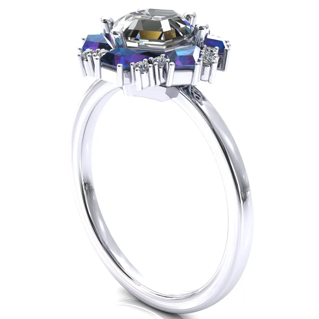 7.0mm Hexagon Center Kite Cut Alexandrite Cluster Halo Ring