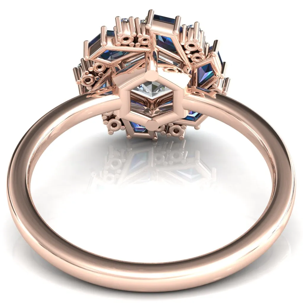 7.0mm Hexagon Center Kite Cut Alexandrite Cluster Halo Ring