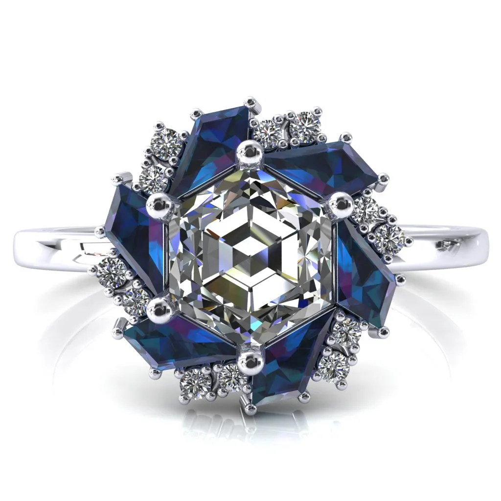 7.0mm Hexagon Center Kite Cut Alexandrite Cluster Halo Ring