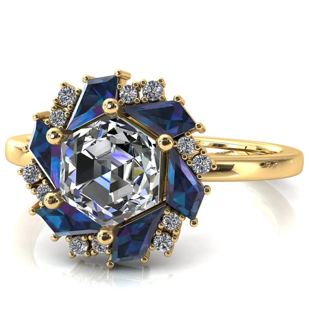 7.0mm Hexagon Center Kite Cut Alexandrite Cluster Halo Ring