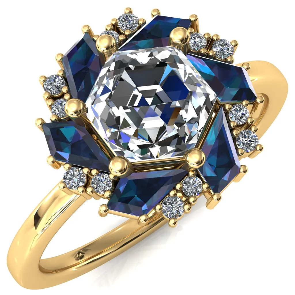7.0mm Hexagon Center Kite Cut Alexandrite Cluster Halo Ring