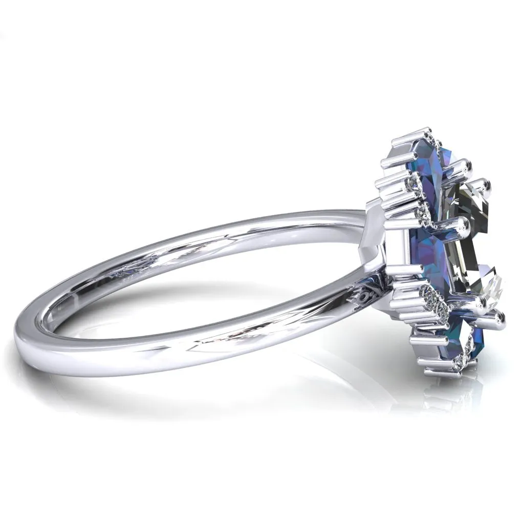 7.0mm Hexagon Center Kite Cut Alexandrite Cluster Halo Ring
