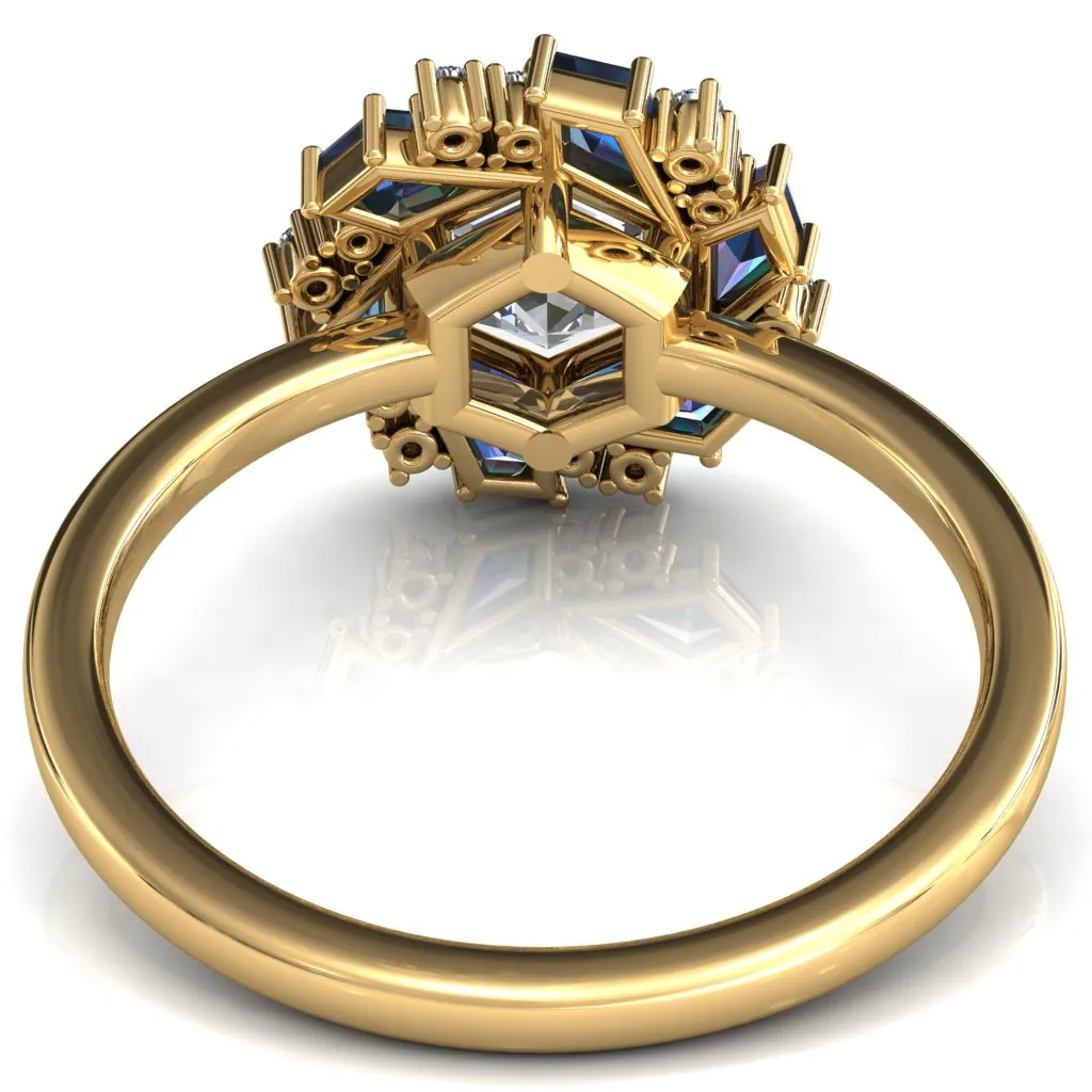 7.0mm Hexagon Center Kite Cut Alexandrite Cluster Halo Ring