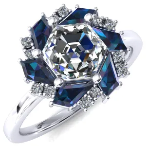 7.0mm Hexagon Center Kite Cut Alexandrite Cluster Halo Ring