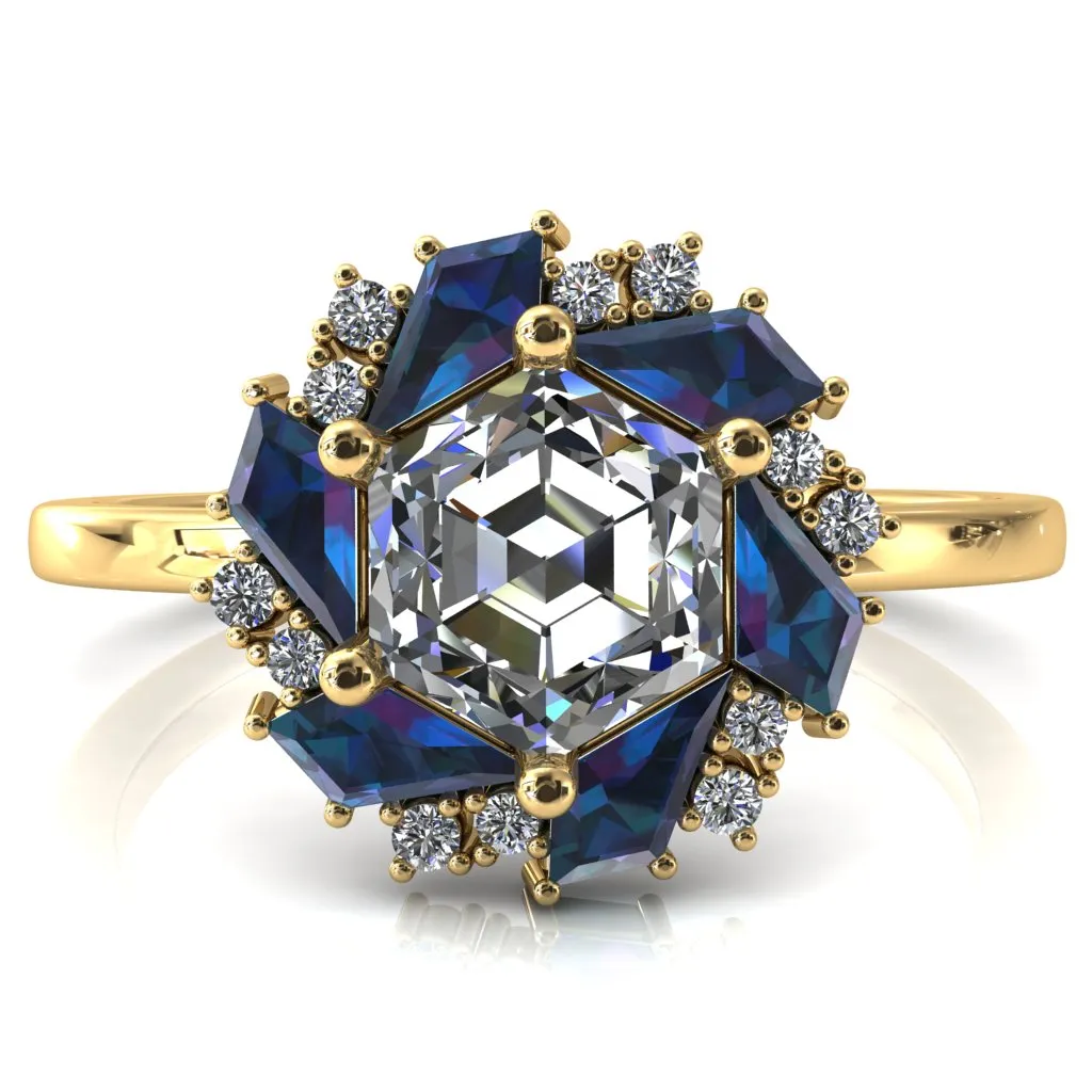 7.0mm Hexagon Center Kite Cut Alexandrite Cluster Halo Ring