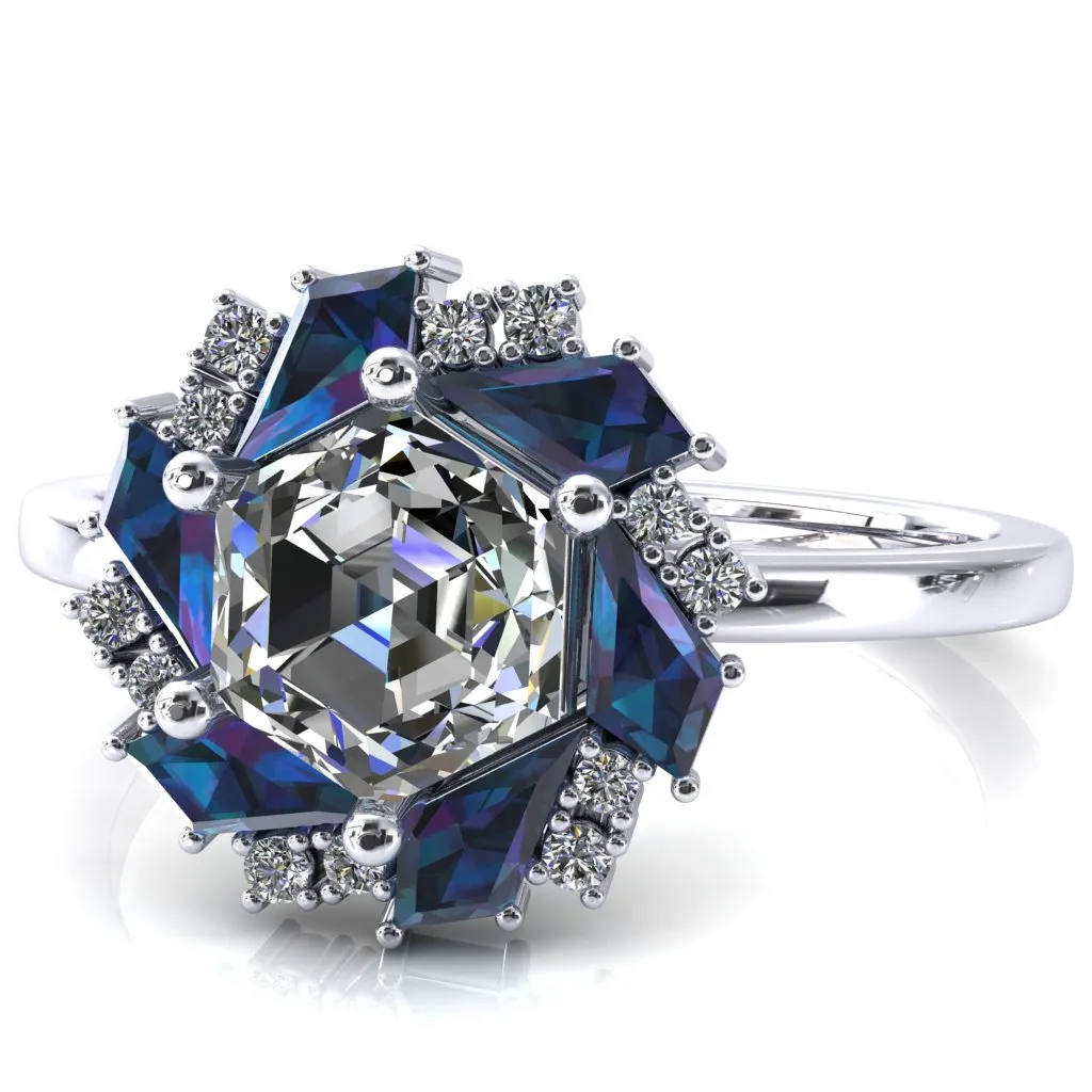 7.0mm Hexagon Center Kite Cut Alexandrite Cluster Halo Ring