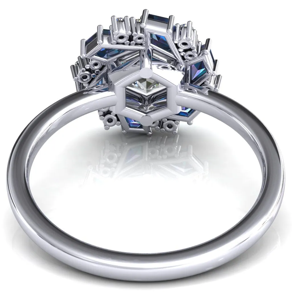 7.0mm Hexagon Center Kite Cut Alexandrite Cluster Halo Ring