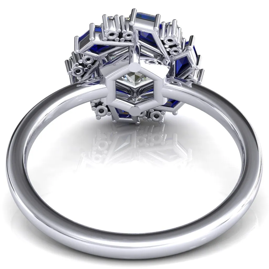 7.0mm Hexagon Center Kite Cut Blue Sapphire Cluster Halo Ring