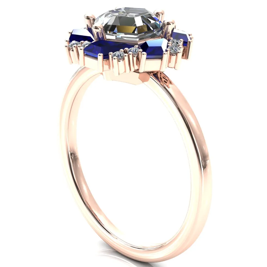 7.0mm Hexagon Center Kite Cut Blue Sapphire Cluster Halo Ring