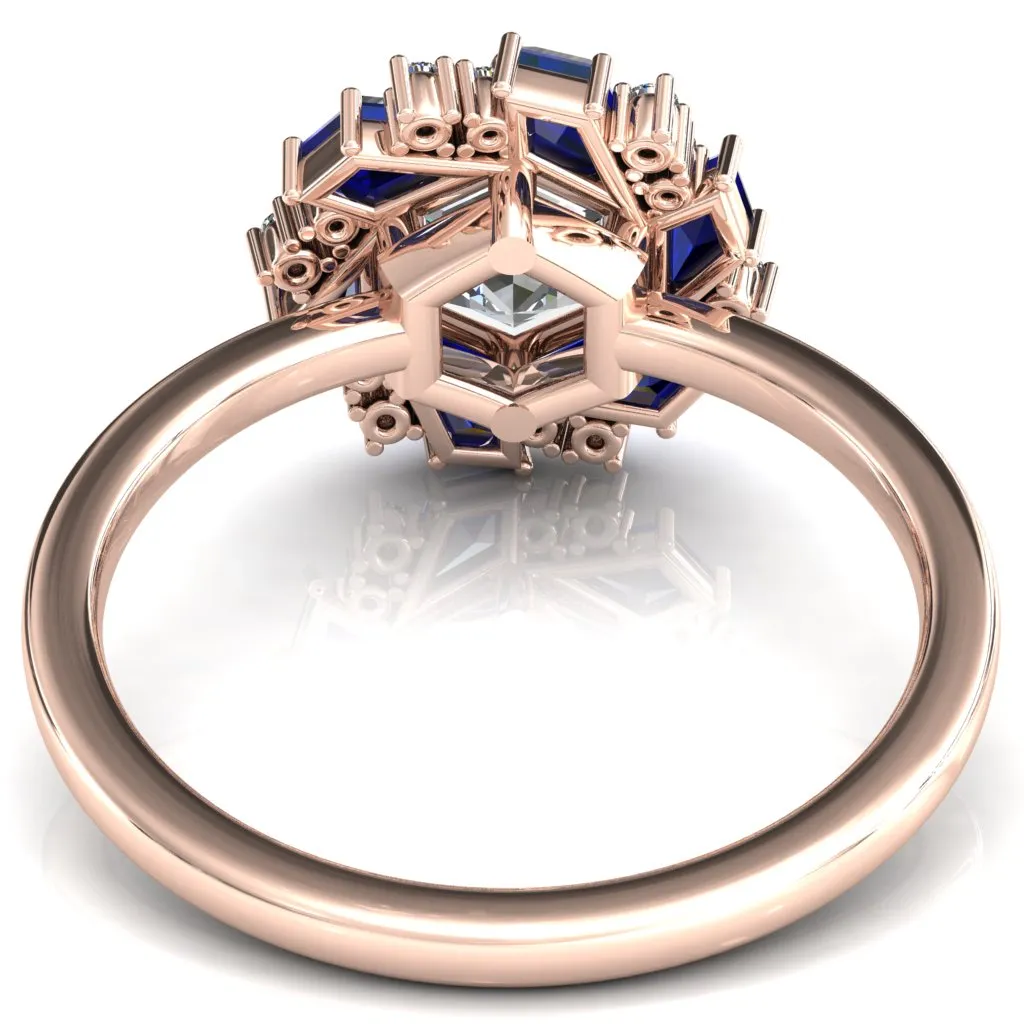 7.0mm Hexagon Center Kite Cut Blue Sapphire Cluster Halo Ring