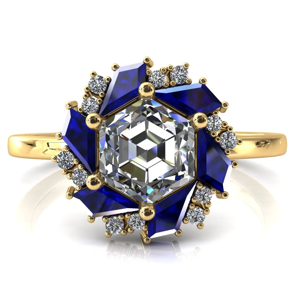 7.0mm Hexagon Center Kite Cut Blue Sapphire Cluster Halo Ring
