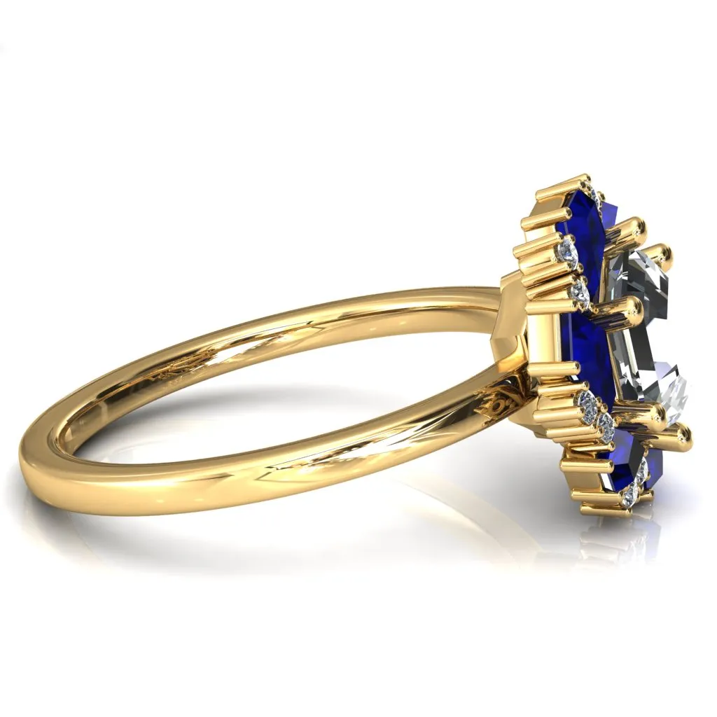 7.0mm Hexagon Center Kite Cut Blue Sapphire Cluster Halo Ring