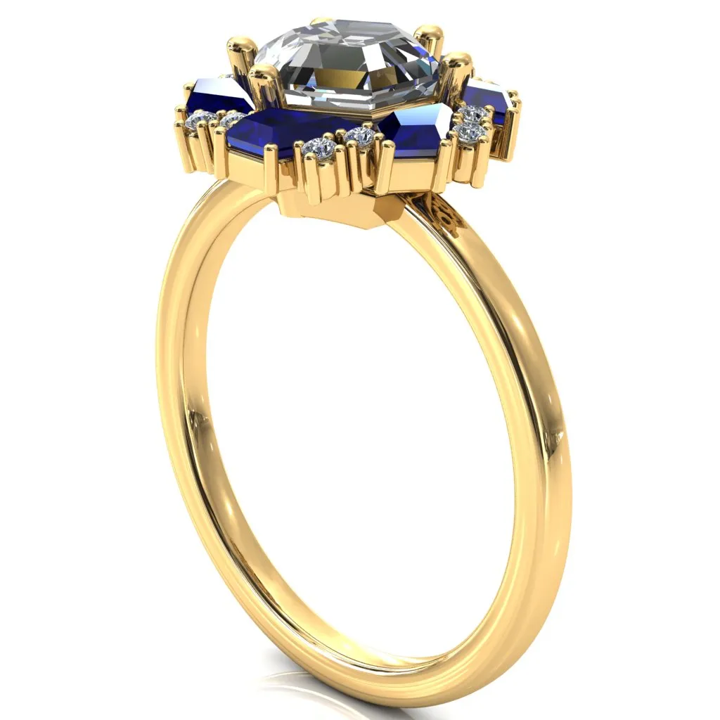 7.0mm Hexagon Center Kite Cut Blue Sapphire Cluster Halo Ring