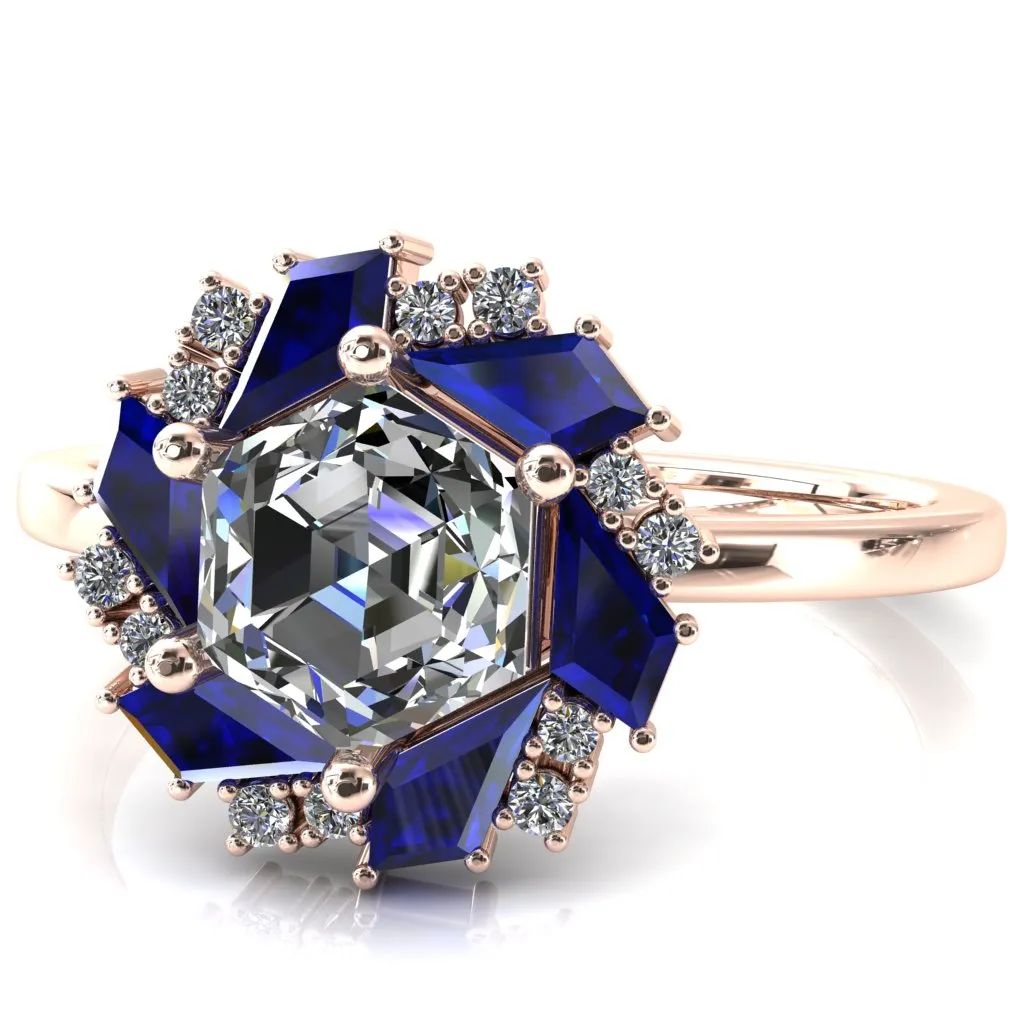 7.0mm Hexagon Center Kite Cut Blue Sapphire Cluster Halo Ring