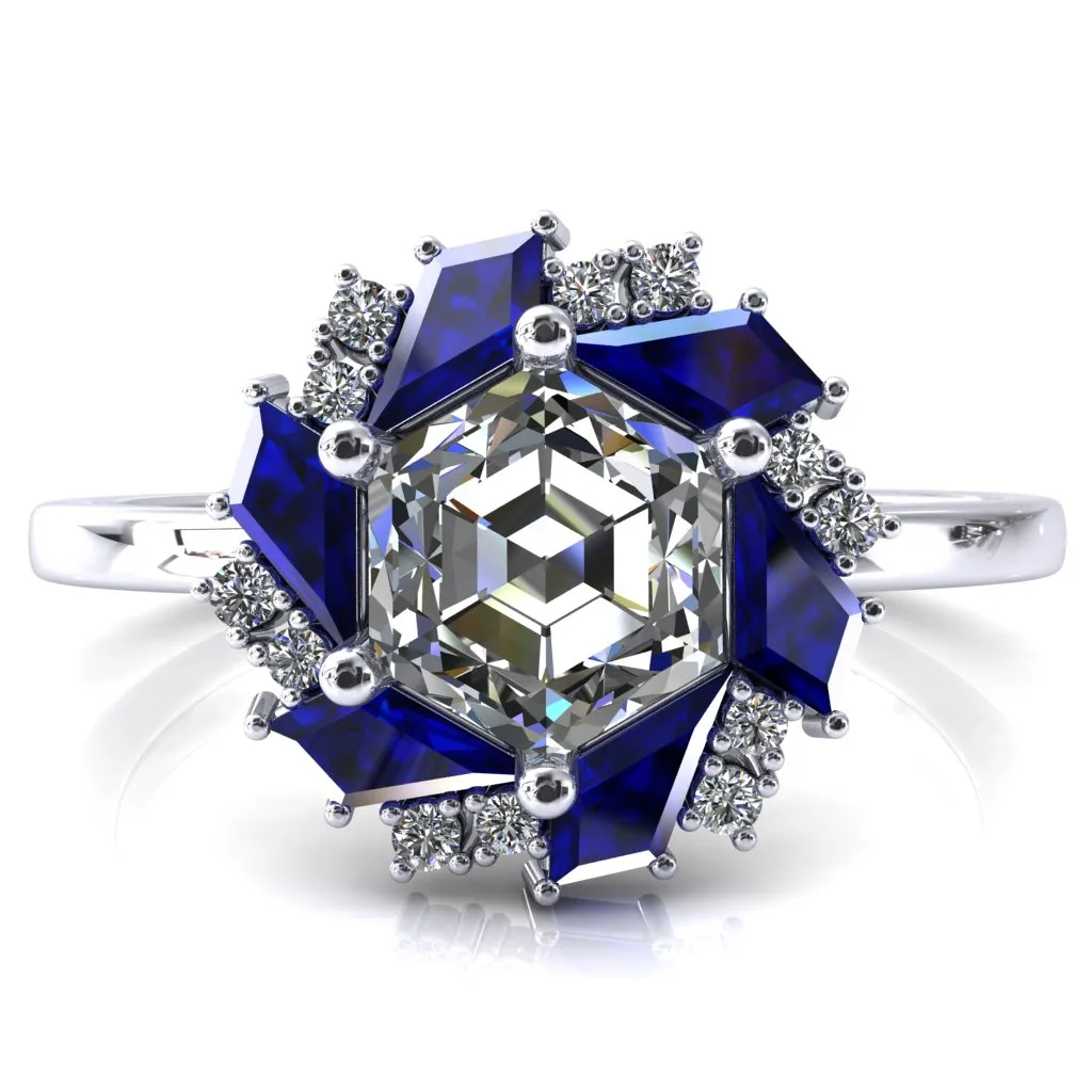 7.0mm Hexagon Center Kite Cut Blue Sapphire Cluster Halo Ring