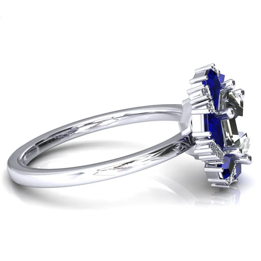 7.0mm Hexagon Center Kite Cut Blue Sapphire Cluster Halo Ring