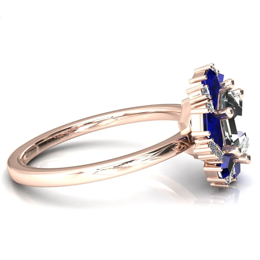 7.0mm Hexagon Center Kite Cut Blue Sapphire Cluster Halo Ring