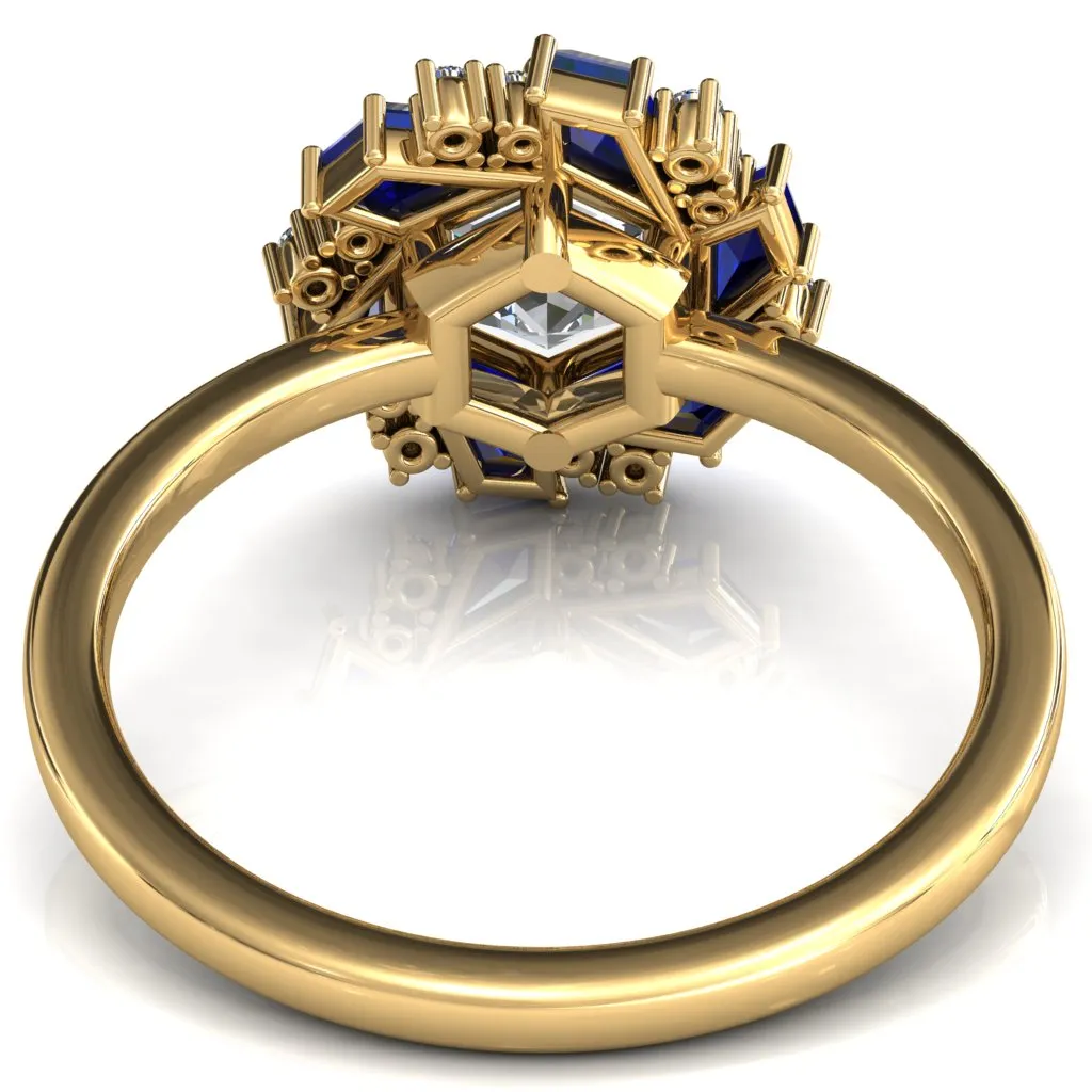 7.0mm Hexagon Center Kite Cut Blue Sapphire Cluster Halo Ring