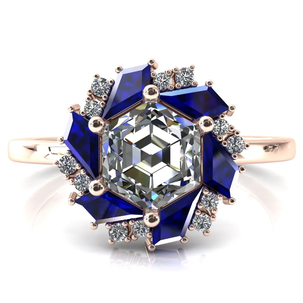 7.0mm Hexagon Center Kite Cut Blue Sapphire Cluster Halo Ring