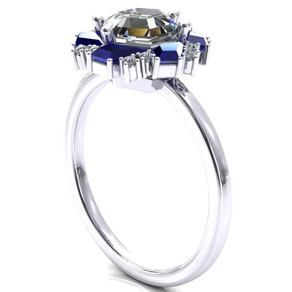 7.0mm Hexagon Center Kite Cut Blue Sapphire Cluster Halo Ring