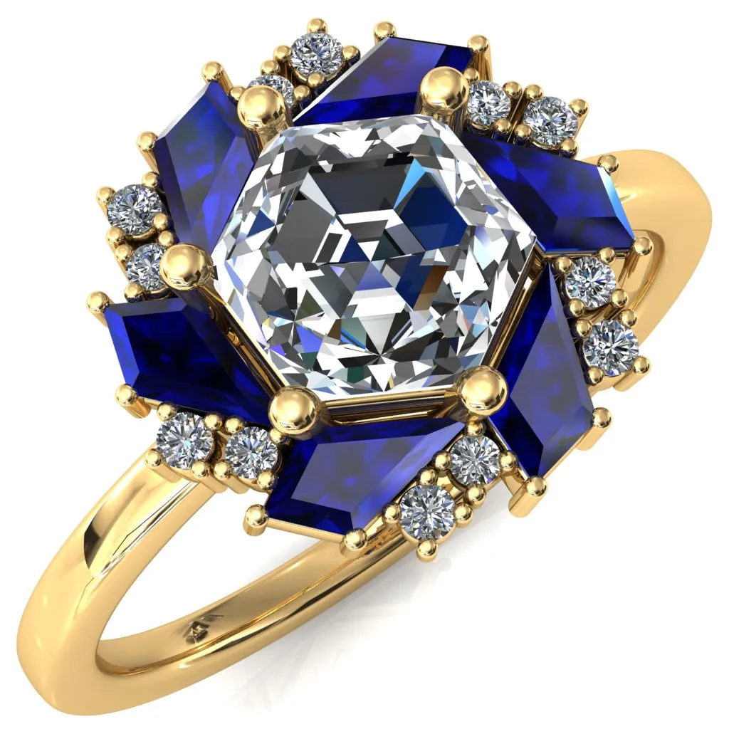 7.0mm Hexagon Center Kite Cut Blue Sapphire Cluster Halo Ring