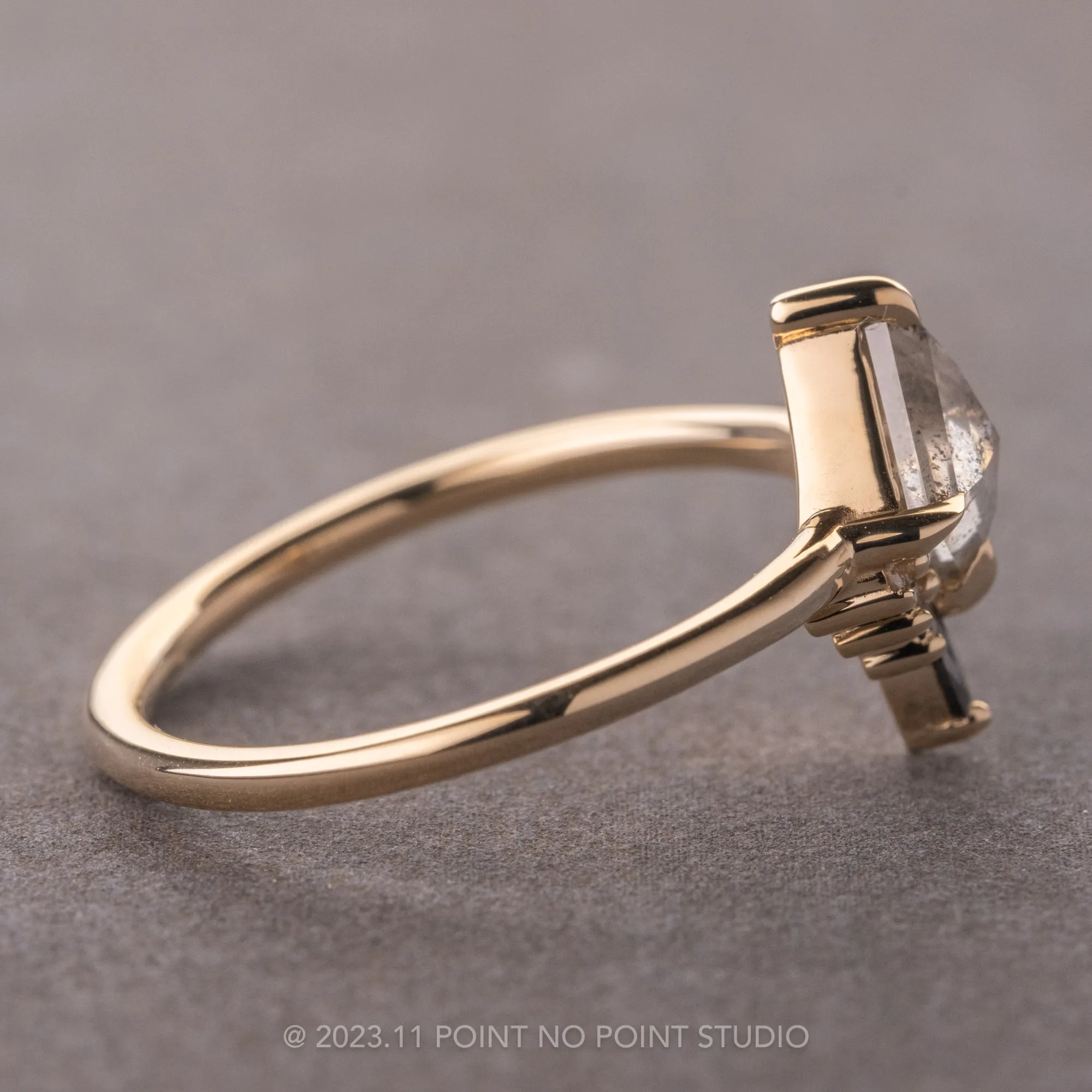 .75 Carat Salt and Pepper Kite Diamond Engagement Ring, Ombre Ava Setting, 14k Yellow Gold