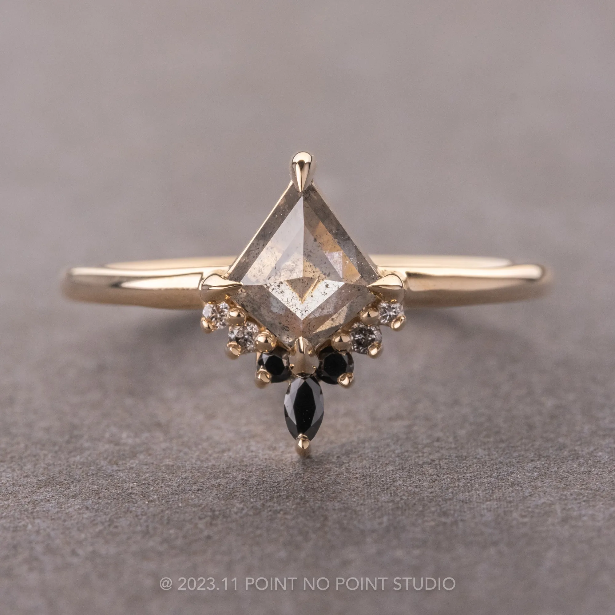 .75 Carat Salt and Pepper Kite Diamond Engagement Ring, Ombre Ava Setting, 14k Yellow Gold