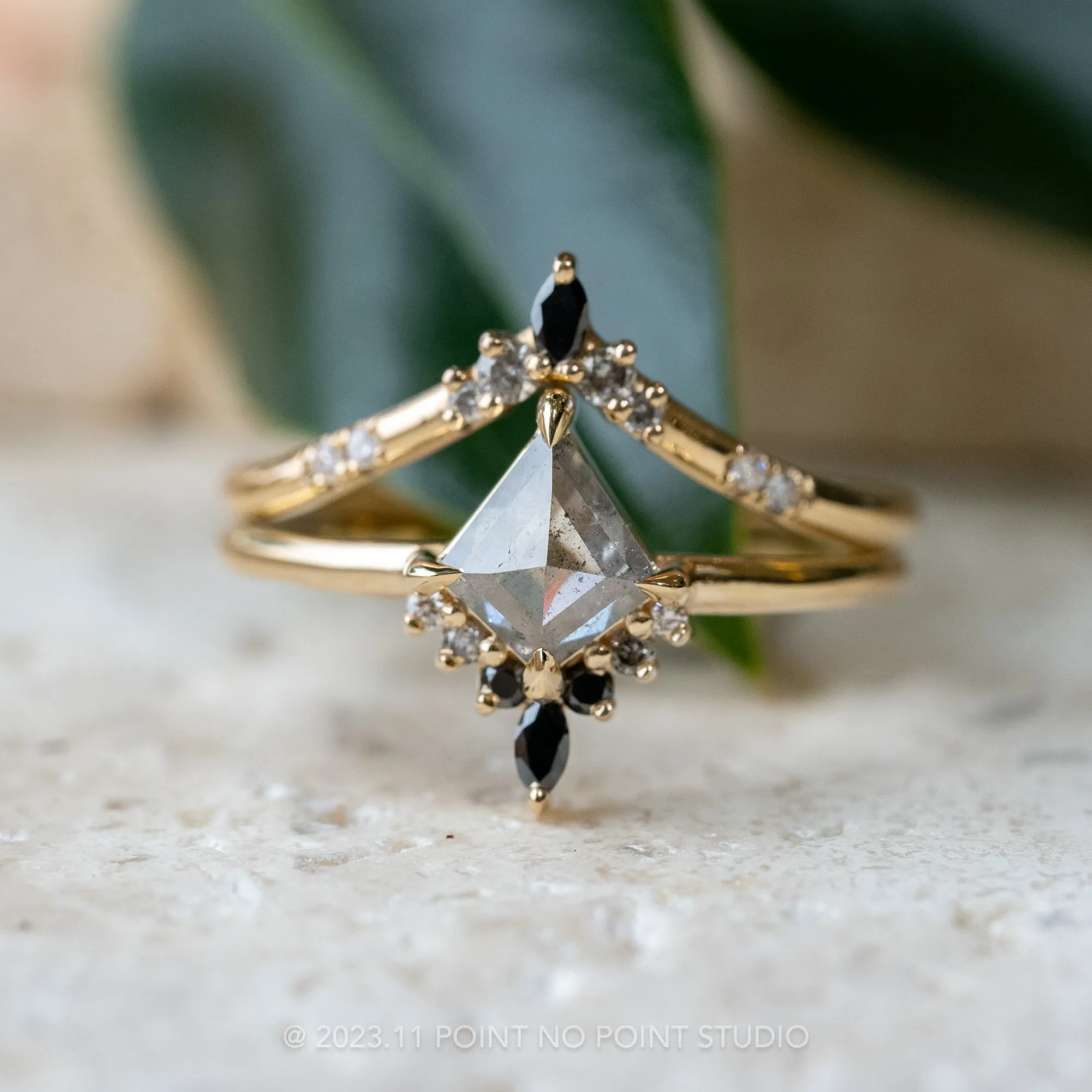 .75 Carat Salt and Pepper Kite Diamond Engagement Ring, Ombre Ava Setting, 14k Yellow Gold