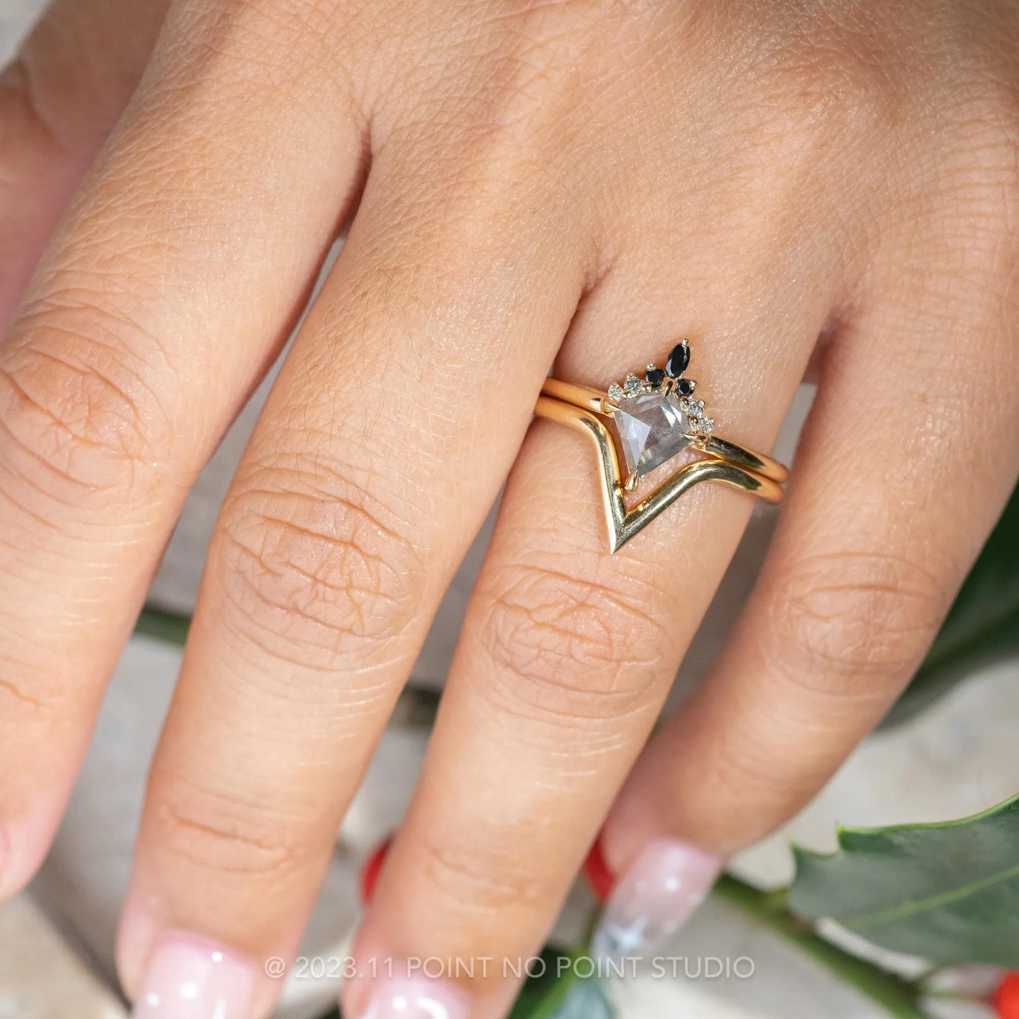 .75 Carat Salt and Pepper Kite Diamond Engagement Ring, Ombre Ava Setting, 14k Yellow Gold