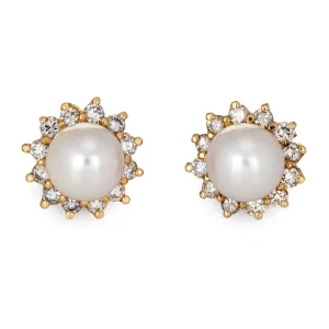7mm Cultured Pearl Diamond Earrings Estate 14k Yellow Gold Round Halo Studs