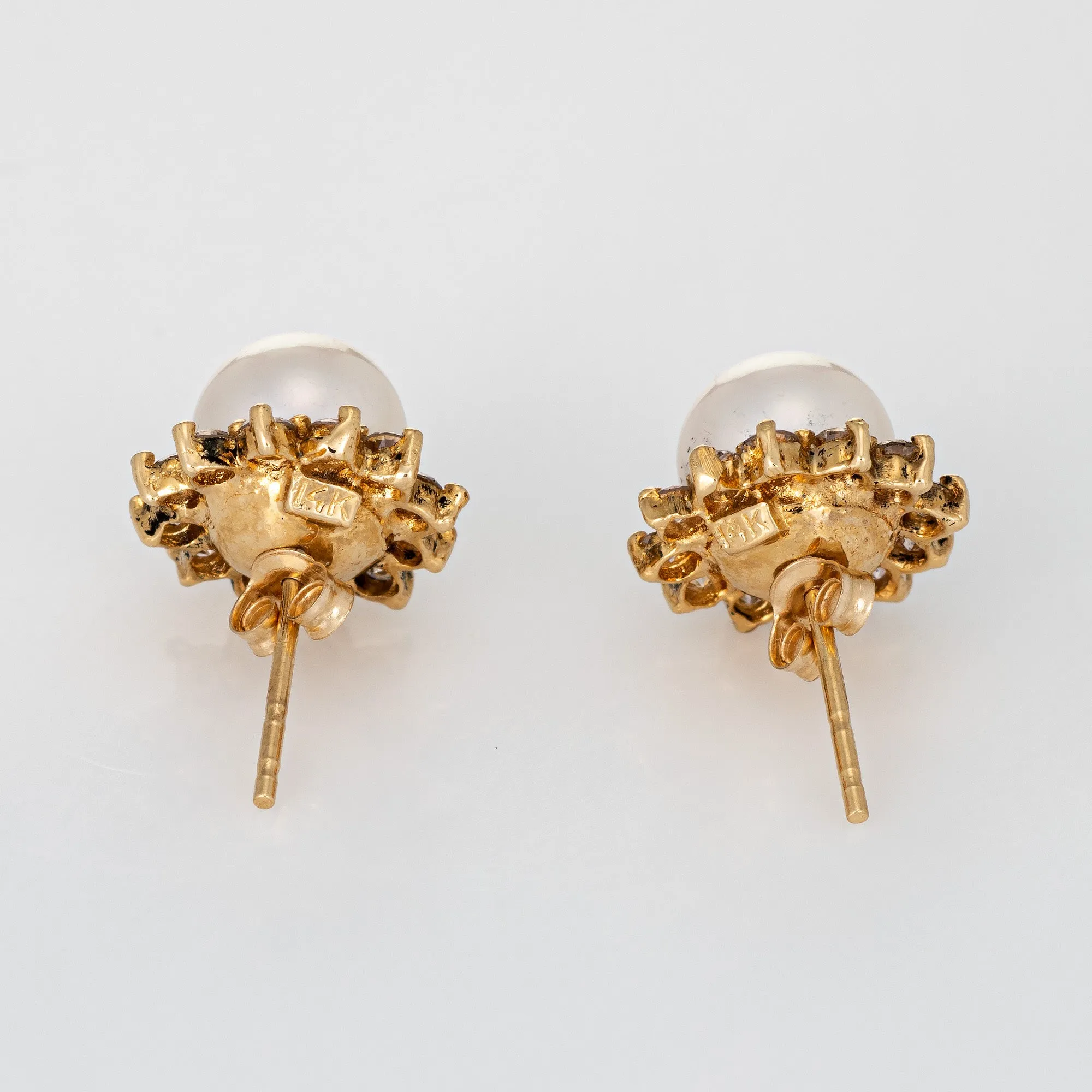 7mm Cultured Pearl Diamond Earrings Estate 14k Yellow Gold Round Halo Studs