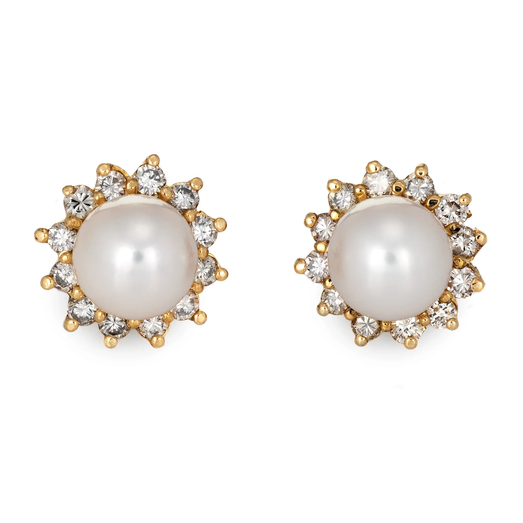 7mm Cultured Pearl Diamond Earrings Estate 14k Yellow Gold Round Halo Studs