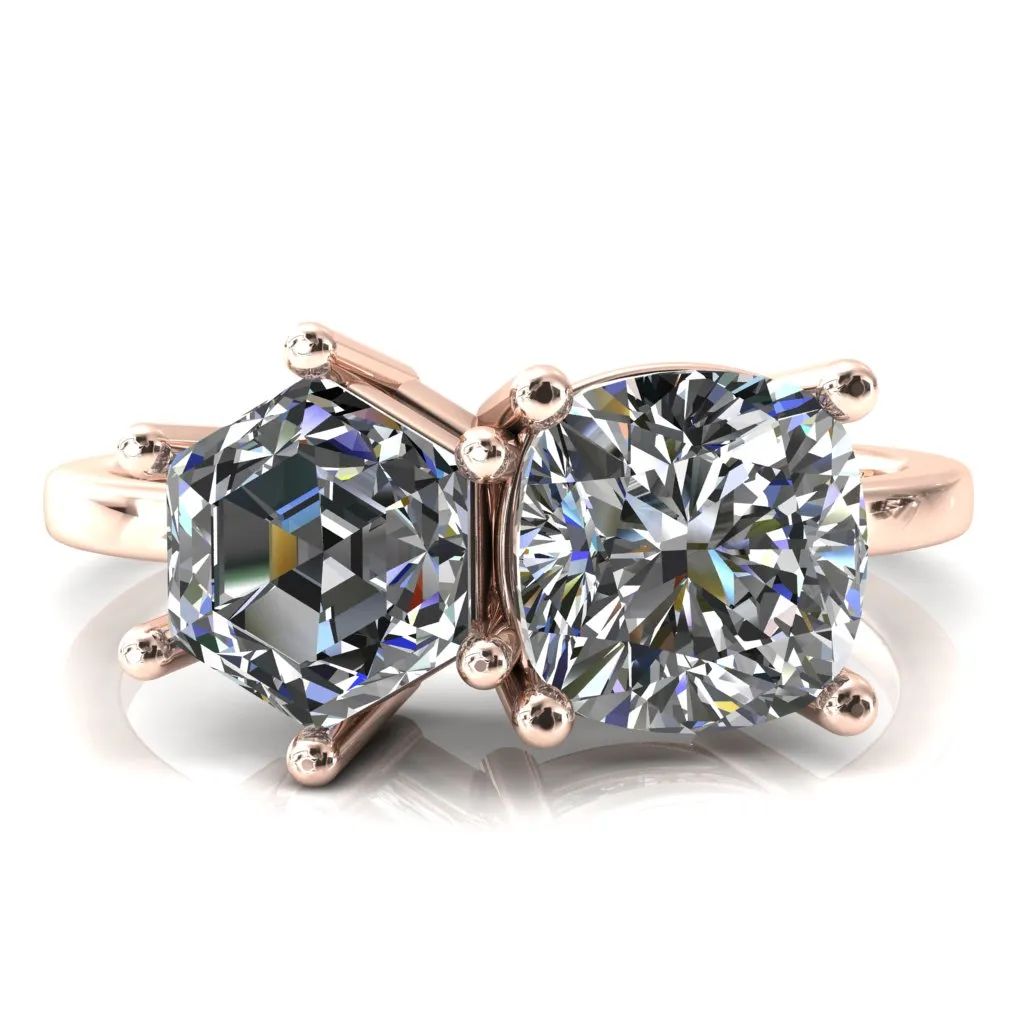 7mm Cushion & 7mm Hexagon Two-Stone Center Toi Et Moi Ring