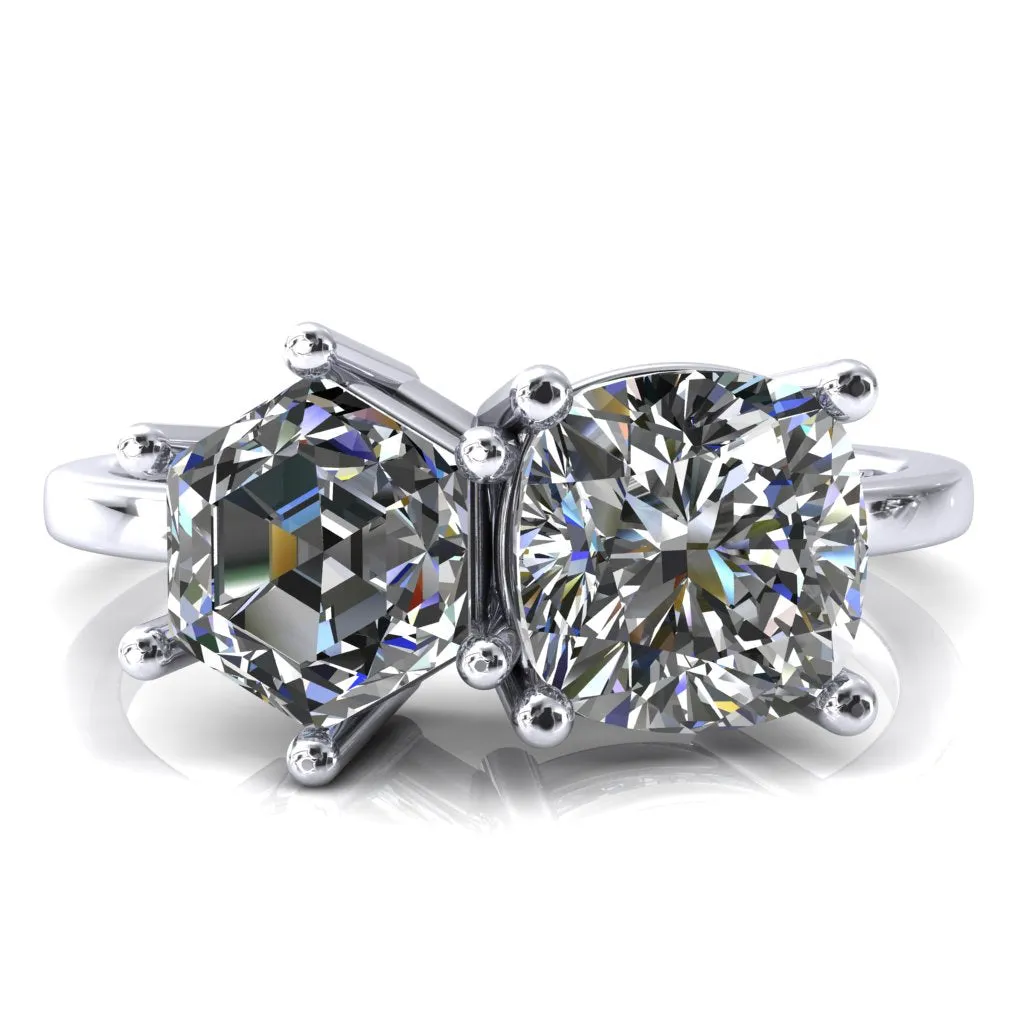 7mm Cushion & 7mm Hexagon Two-Stone Center Toi Et Moi Ring