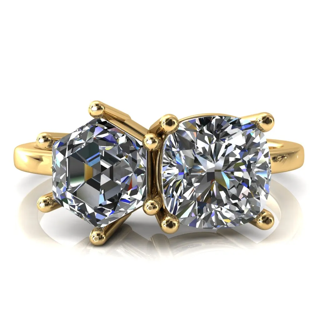 7mm Cushion & 7mm Hexagon Two-Stone Center Toi Et Moi Ring