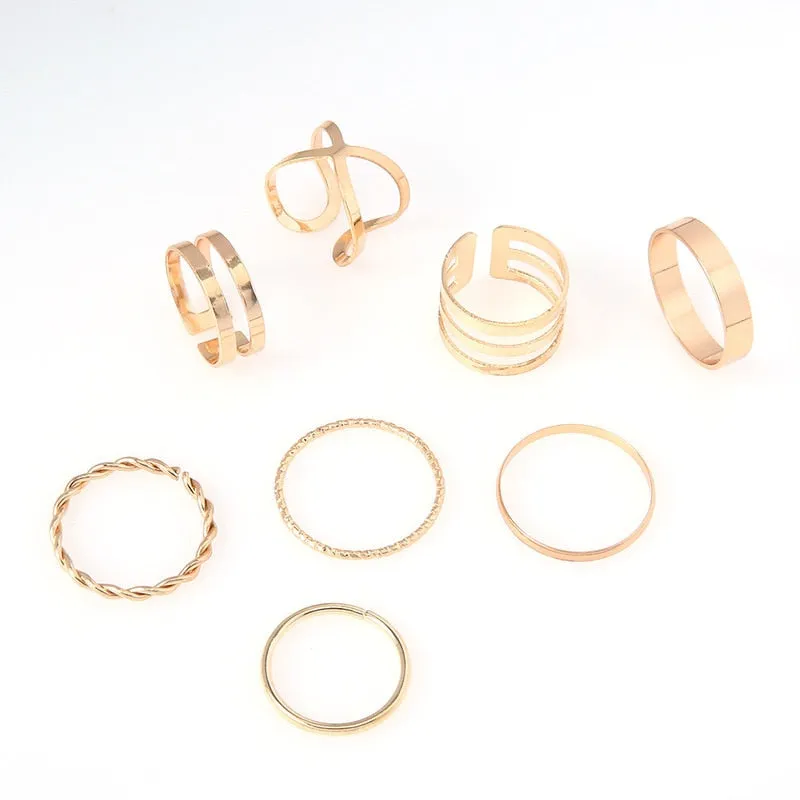 8pcs Punk Gold Color Round Hollow Geometric Rings Set