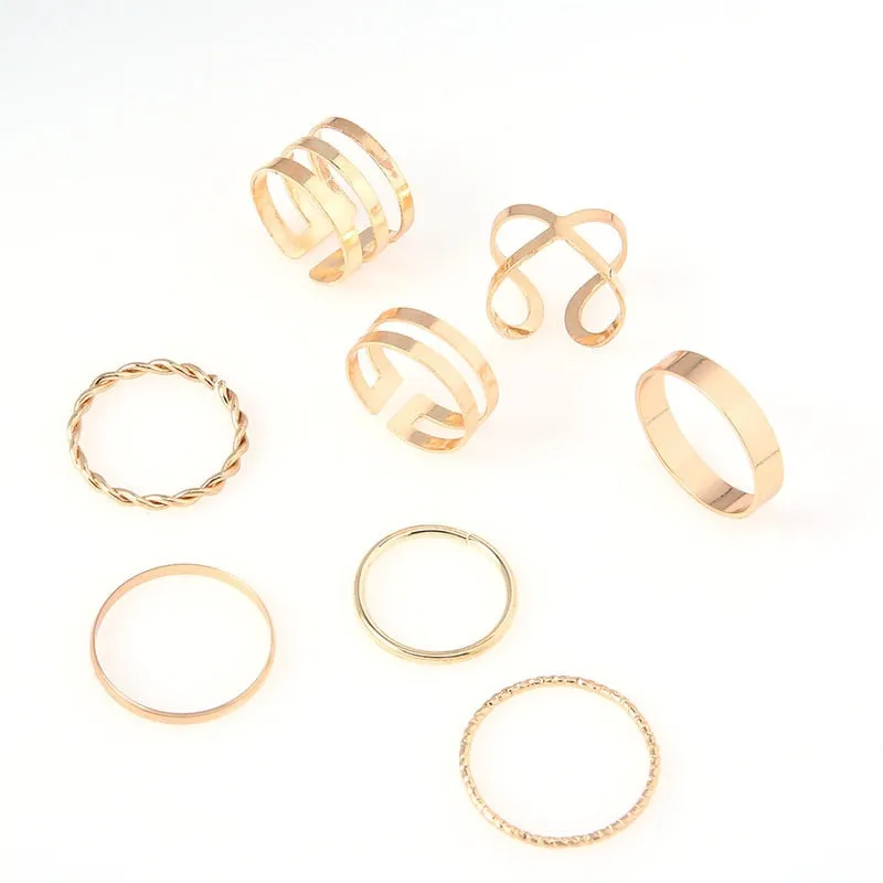 8pcs Punk Gold Color Round Hollow Geometric Rings Set