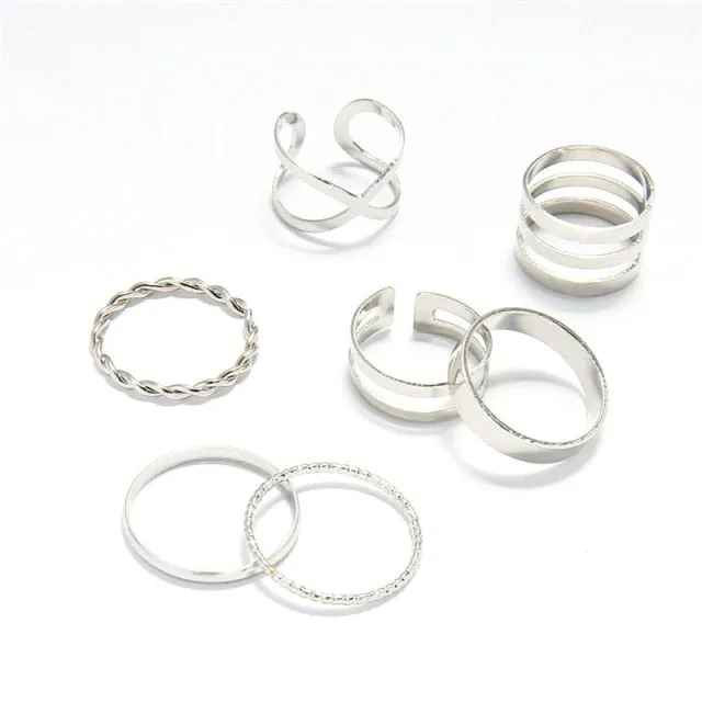 8pcs Punk Gold Color Round Hollow Geometric Rings Set