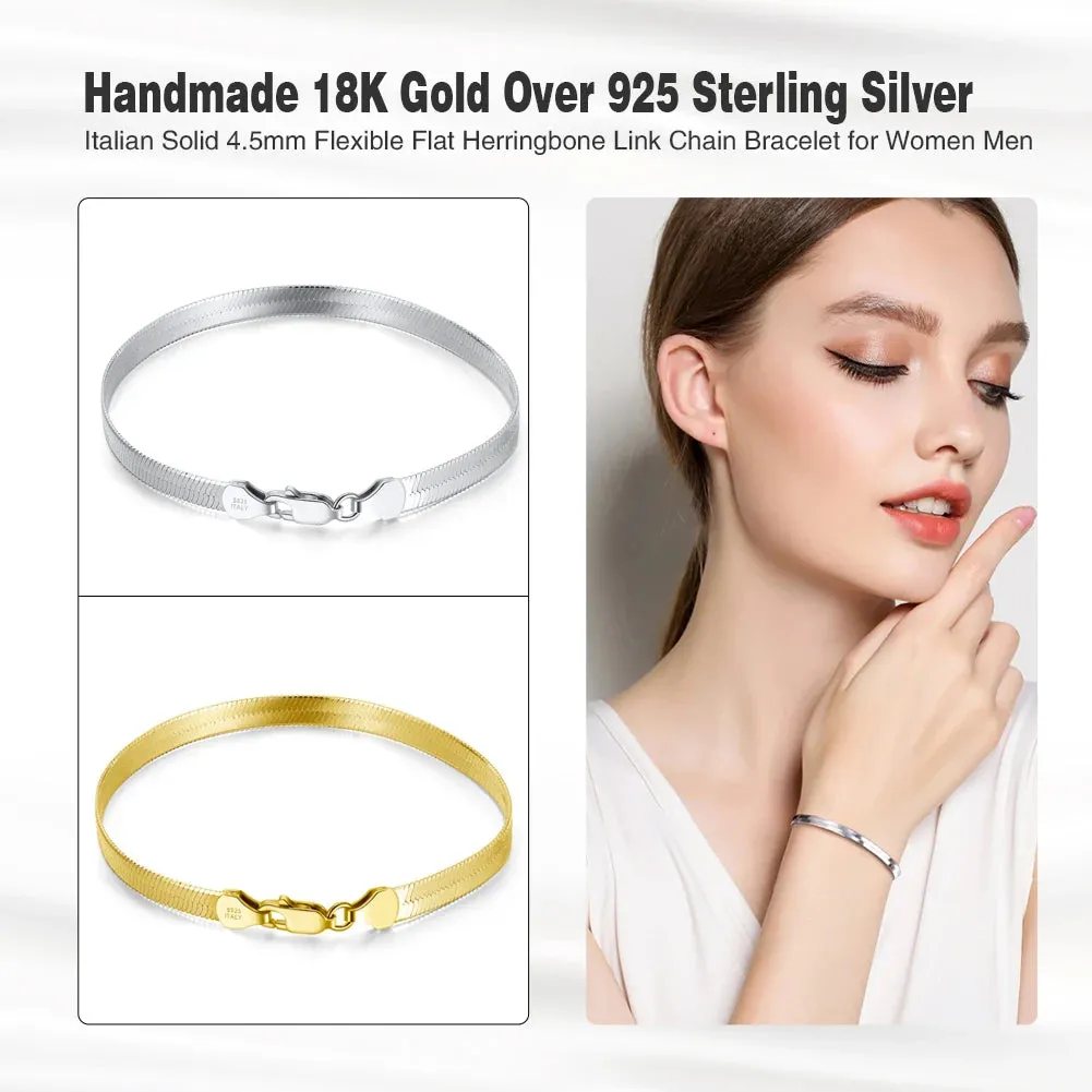 925 Sterling Silver 4.5mm Italian Handmade Flexible Flat Herringbone Bracelet for Women