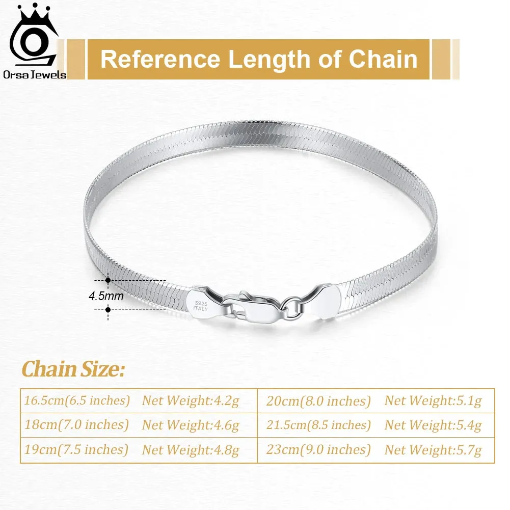 925 Sterling Silver 4.5mm Italian Handmade Flexible Flat Herringbone Bracelet for Women