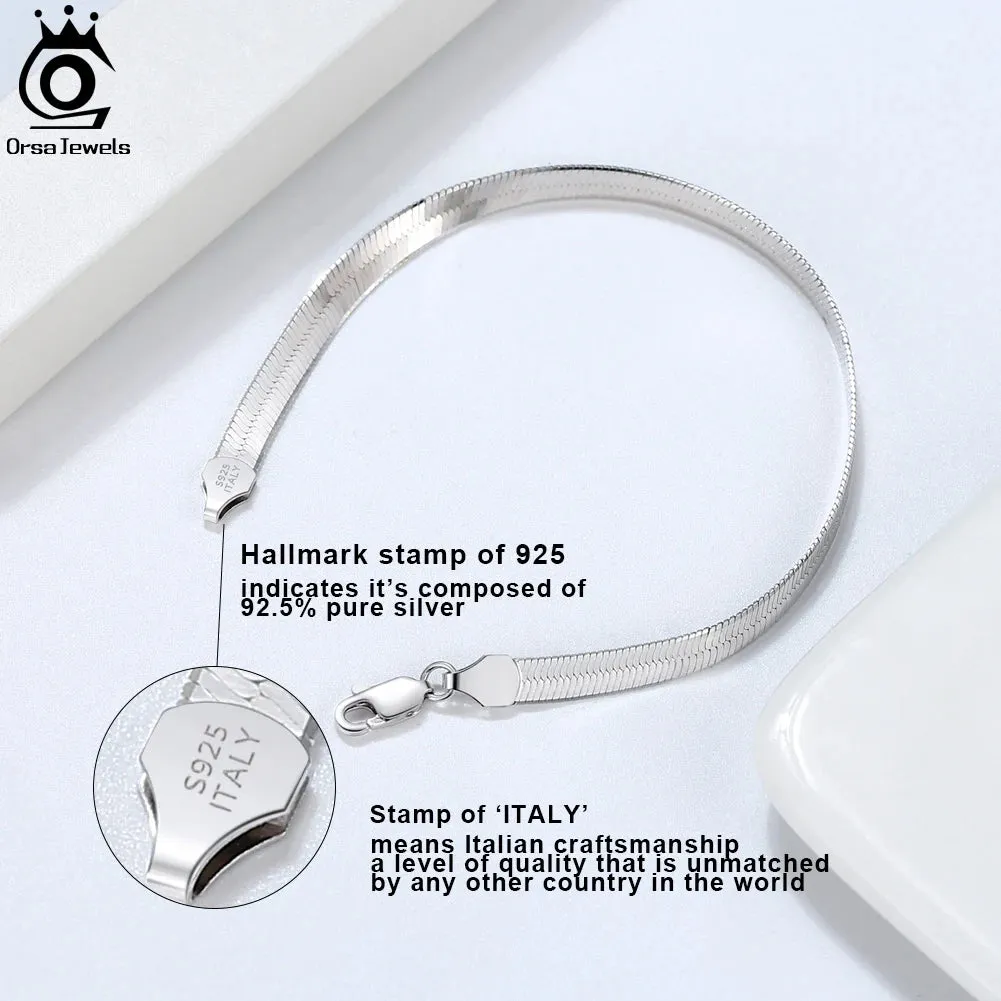 925 Sterling Silver 4.5mm Italian Handmade Flexible Flat Herringbone Bracelet for Women