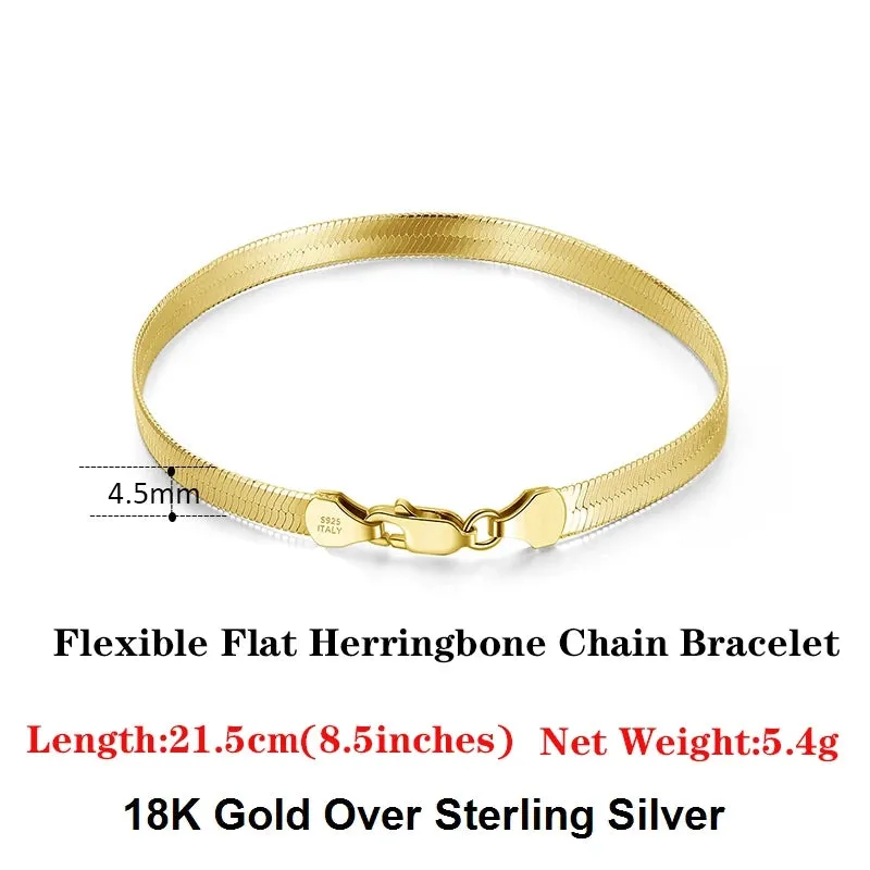 925 Sterling Silver 4.5mm Italian Handmade Flexible Flat Herringbone Bracelet for Women