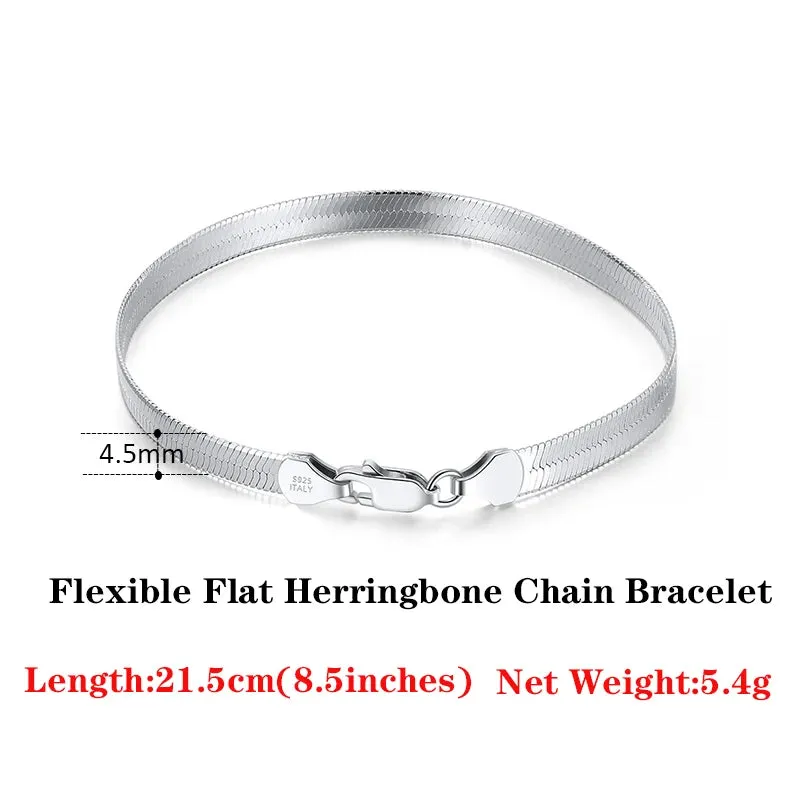 925 Sterling Silver 4.5mm Italian Handmade Flexible Flat Herringbone Bracelet for Women