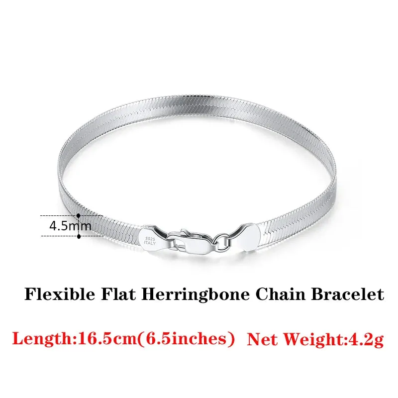 925 Sterling Silver 4.5mm Italian Handmade Flexible Flat Herringbone Bracelet for Women
