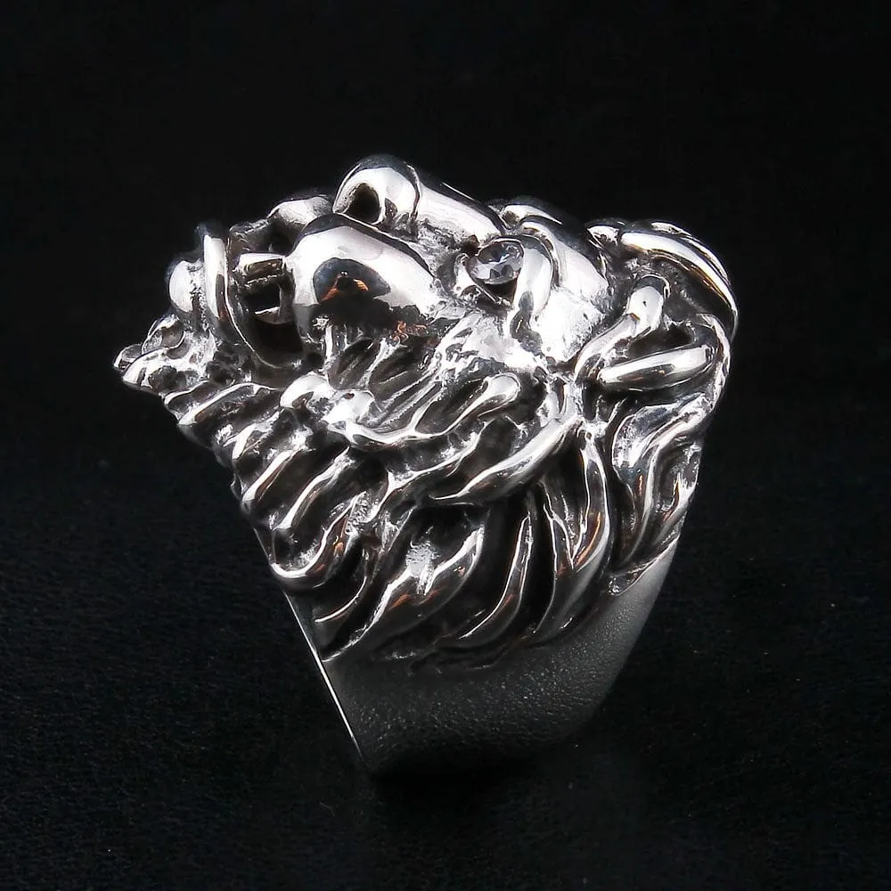 925 Sterling Silver Diamond Eye Lion Head Ring