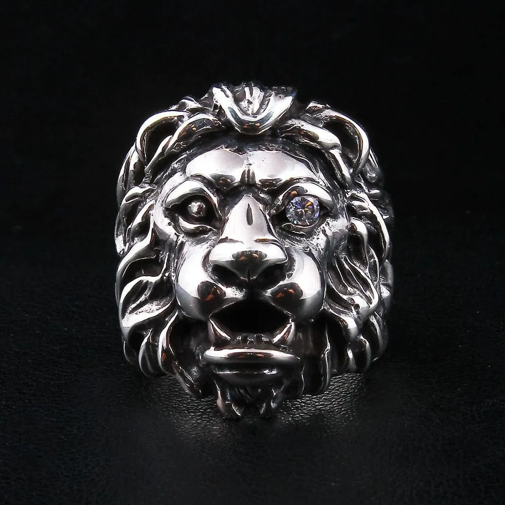 925 Sterling Silver Diamond Eye Lion Head Ring
