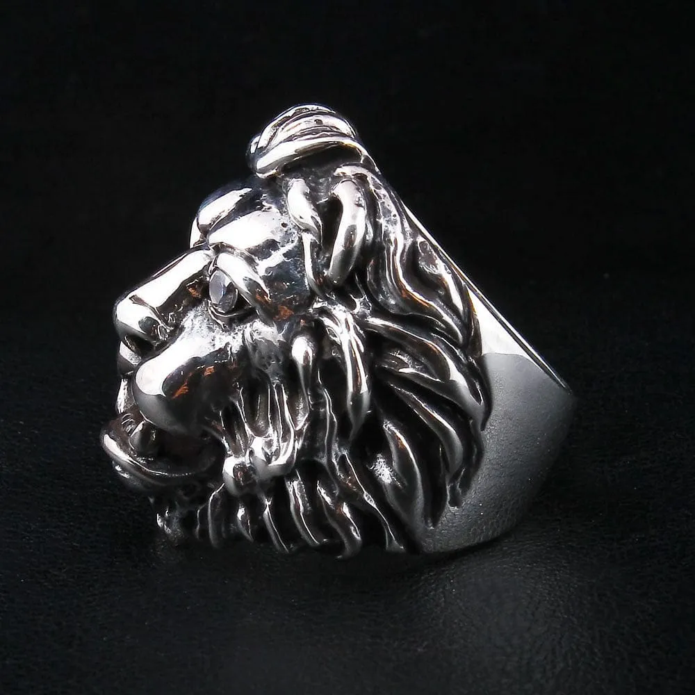 925 Sterling Silver Diamond Eye Lion Head Ring