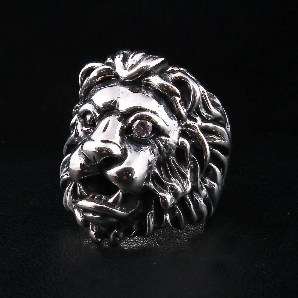 925 Sterling Silver Diamond Eye Lion Head Ring