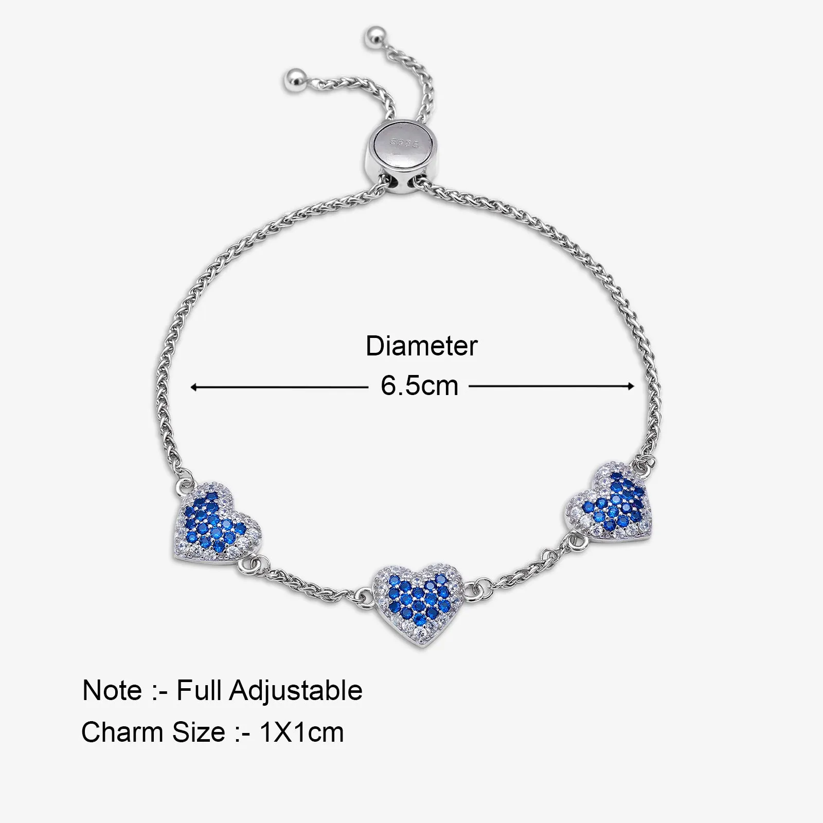 925 Sterling Silver White and Blue Zirconia Heart Chain Bracelet